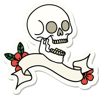 Bir insan tarafından çizilmiş kafatasının pankartıyla dövme stili etiketi