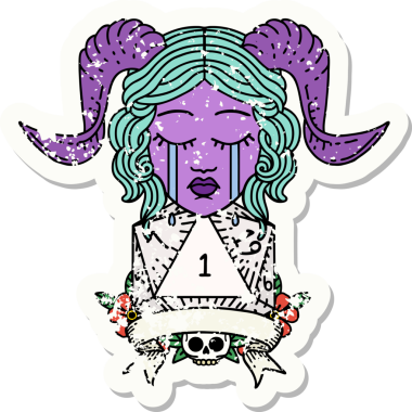 Retro Dövme Tarzı Ağlama Yüzü Doğal 1 D20 Dice ile Bir insan tarafından çizilmiş