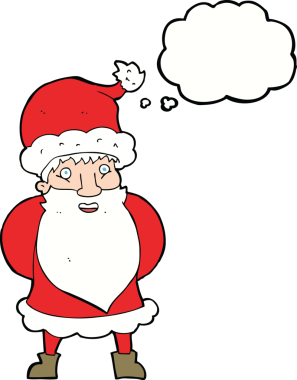 Bir insan tarafından çizilmiş düşünce baloncuklu Noel Baba çizgi filmi.