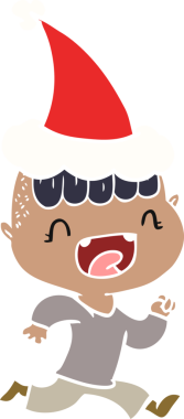 Bir insan tarafından çizilmiş Noel Baba şapkasıyla kaçan mutlu bir çocuğun el çizimi çizimi.