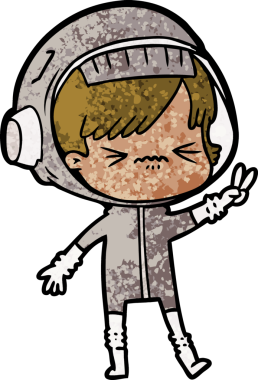 Kızgın çizgi filmdeki uzay kızı bir insan tarafından çizilmiş iki parmağını kaldırıyor.