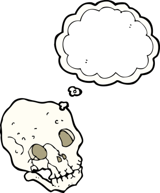 Bir insan tarafından çizilmiş düşünce baloncuklu garip kafatası.