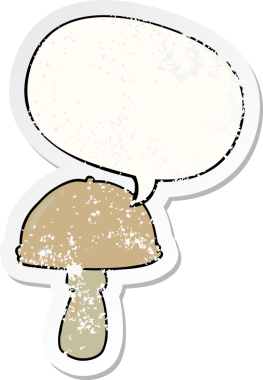 Konuşma baloncuğu olan çizgi film mantarı bir insan tarafından çizilmiş sıkıntılı eski bir çıkartma