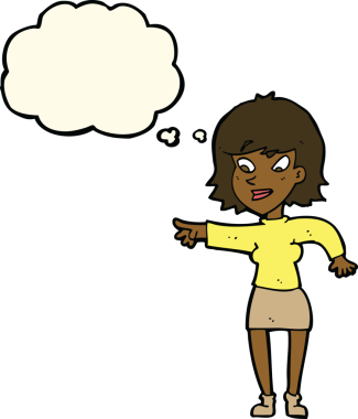 Bir insan tarafından çizilmiş düşünce balonuyla işaret eden çizgi film kadını.