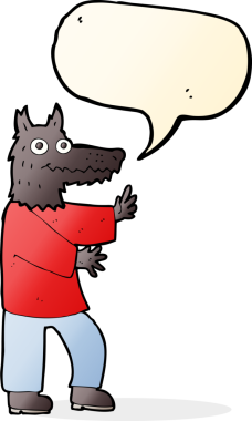 Bir insan tarafından çizilmiş konuşma balonu olan komik bir kurt adam.