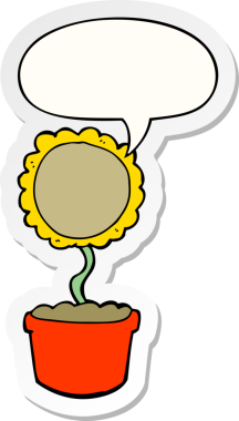 Bir insan tarafından çizilmiş baloncuk çıkartmalı şirin bir karikatür çiçeği.