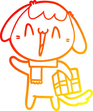 Bir insan tarafından çizilmiş Noel hediyeli şirin bir köpeğin sıcak çizgi çizimi.