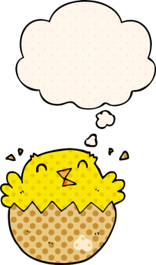Bir insan tarafından çizilmiş çizgi roman tarzında düşünce baloncuğu olan yumurtadan çıkan bir piliç.