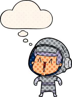 Çizgi roman tarzında düşünce balonu olan astronot bir insan tarafından çizilmiş.