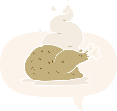 Bir insan tarafından çizilmiş konuşma baloncuğu ile pişirilmiş tavuk çizgi filmi.