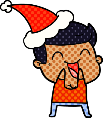 Bir insanın çizdiği Noel Baba şapkasıyla gülen bir adamın el çizimi çizgi roman tasviri.