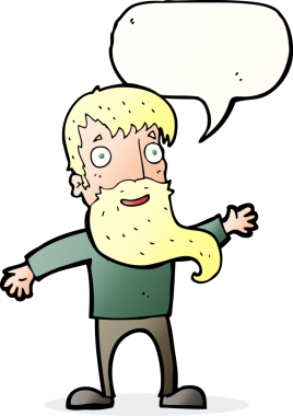 Bir insan tarafından çizilmiş konuşma baloncuğuyla sakallı bir çizgi film adamı.