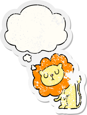 Düşünce baloncuğu olan sevimli çizgi film aslanı bir insan tarafından çizilmiş yıpranmış bir çıkartma.