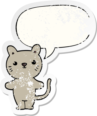 Konuşma baloncuğu olan çizgi film kedisi bir insan tarafından çizilmiş sıkıntılı eski bir çıkartma