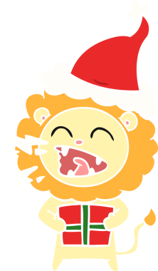 Kükreyen bir aslanın düz renkli çizimi. Bir insan tarafından çizilmiş Noel Baba şapkası takıyor.