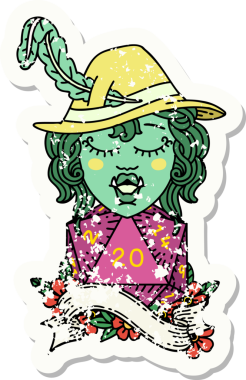 Bir insan tarafından çizilmiş doğal yirmi zarlı şarkı söyleyen yarım ork ozanın grunge çıkartması.