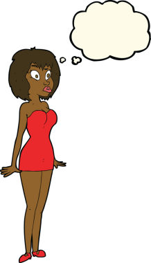 Bir insan tarafından çizilmiş düşünce balonlu kısa elbiseli bir karikatür.