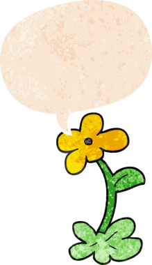 Bir insan tarafından çizilmiş grunge dertli retro biçimli konuşma baloncuklu karikatür çiçeği