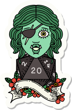 Bir insan tarafından çizilmiş 20 zarlı bir ork haydut karakterinin çıkartması.