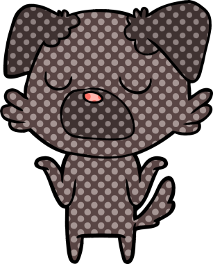 Bir insan tarafından çizilmiş omuzlarını silkeleyen çizgi film köpeği.