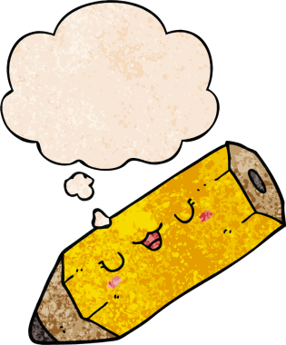 Bir insan tarafından çizilmiş grunge desen biçiminde düşünce baloncuğu olan sevimli çizgi film kalemi.