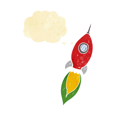 Bir insan tarafından çizilmiş düşünce baloncuklu bir uzay gemisi.