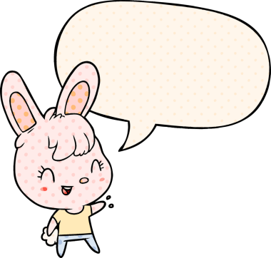 Bir insan tarafından çizilmiş çizgi roman tarzında konuşma balonu olan sevimli çizgi film tavşanı.