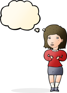 Bir insan tarafından çizilmiş düşünce baloncuğuyla bahaneler üreten çizgi film kadını.