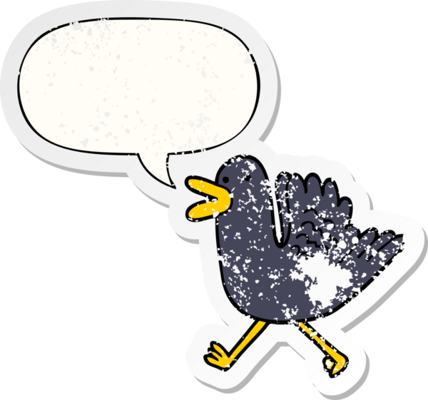 Çizgi film ördeği konuşma balonuyla koşuyor. Bir insan tarafından çizilmiş sıkıntılı eski bir çıkartma.