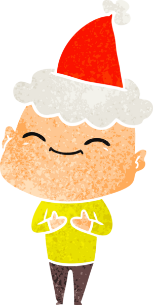 Mutlu el çizimi, kel bir adamın insan tarafından çizilmiş Noel Baba şapkası giydiği karikatür.