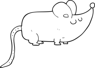 Bir insan tarafından çizilmiş siyah beyaz bir çizgi film faresi.