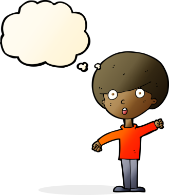 Bir insan tarafından çizilmiş düşünce balonuyla şok olmuş bir çocuk.