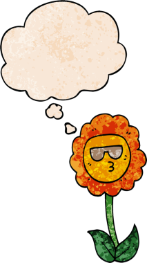 Bir insan tarafından çizilmiş grunge desenli düşünce baloncuğu olan karikatür çiçeği