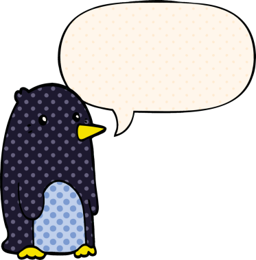 Bir insan tarafından çizilmiş çizgi roman tarzında konuşma balonu olan penguen çizgi filmi.