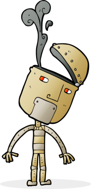 Bir insan tarafından çizilmiş açık kafalı çizgi film robotu.