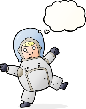 Bir insan tarafından çizilmiş düşünce baloncuklu astronot.