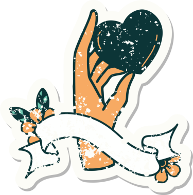 Bir insan tarafından çizilmiş kalbi tutan bayrak taşıyan eski bir etiket.