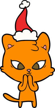 Bir insan tarafından çizilmiş Noel Baba şapkası takan bir kedi çizilmiş.