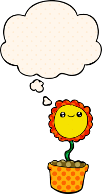 Bir insan tarafından çizilmiş, düşünce baloncuklu çizgi film çiçeği.