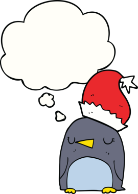 Bir insan tarafından çizilmiş düşünce baloncuğu olan sevimli bir Noel pengueni.