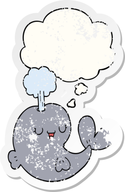 Düşünce baloncuğu olan karikatür balinası bir insan tarafından çizilmiş yıpranmış bir çıkartma.