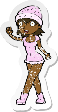 Bir insan tarafından çizilmiş şapkalı güzel bir kızın gerilmiş çıkartması.