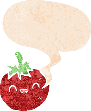 Grunge 'da konuşma baloncuğu olan sevimli çizgi film domatesleri bir insan tarafından çizilmiş sıkıntılı retro dokuma tarzı.