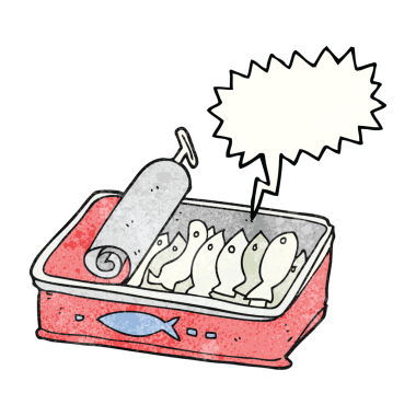 Bir insan tarafından çizilmiş sardalya konservesi desenli konuşma balonu.