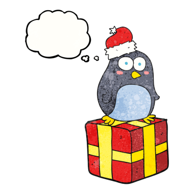 Serbest çizim düşünce balonu bir insan tarafından çizilmiş karikatür noel pengueni.