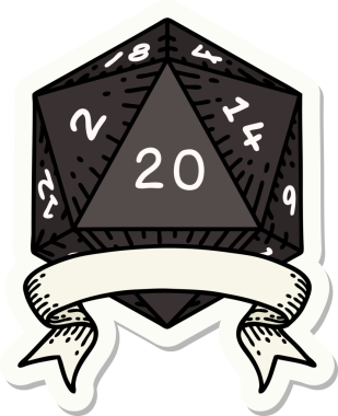 Bir insan tarafından çizilmiş 20 kritik vuruşluk D20 zar etiketi.