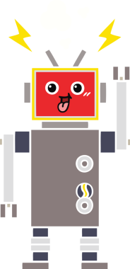 Bir insan tarafından çizilmiş çılgın bir robotun düz renkli retro karikatürü