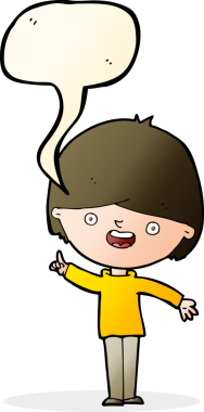 Bir insan tarafından çizilmiş konuşma balonu olan mutlu bir çocuk.