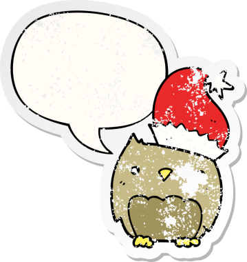 Tatlı noel baykuşu, konuşma baloncuğu, bir insan tarafından çizilmiş sıkıntılı eski bir çıkartma.