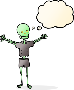 Bir insan tarafından çizilmiş düşünce baloncuklu giysiler içinde bir iskelet.